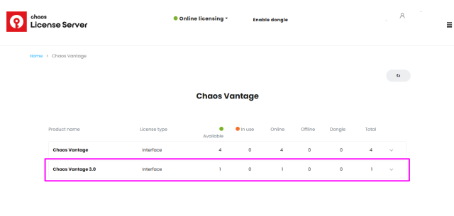 ベータを取得すると、ChaosライセンスサーバーにChaos Vantage 3 のライセンスがリストされます