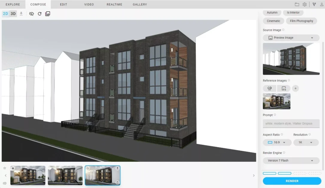 夕暮れ時のダークブリック仕上げの3階建て建築