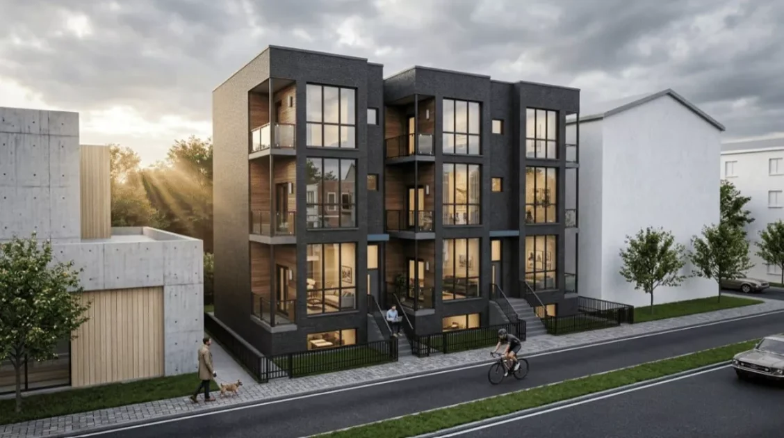 通り過ぎる自転車とともにVeras により強化されたリアルな建築レンダリング